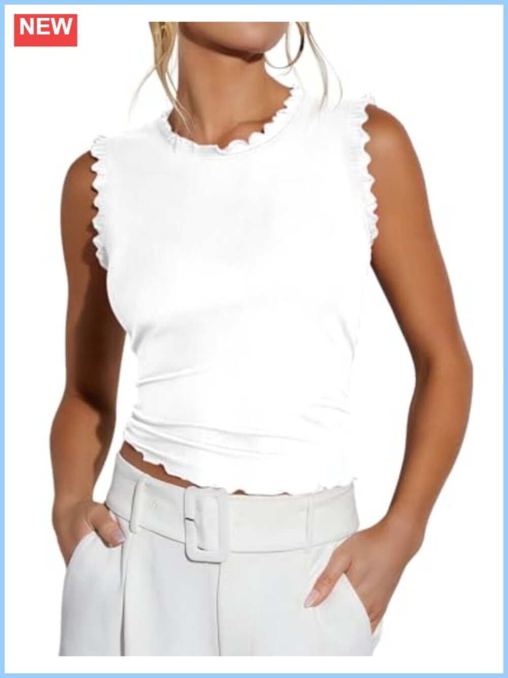 Ribbed Knit Slim Fit Tank Top Sleeveless Crew Neck Lettuce Trim